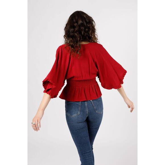 Band Of The Free Smocked Waist Top M Red Geometric Ruffle Dolman Sleeve V Neck - Picture 2 of 10